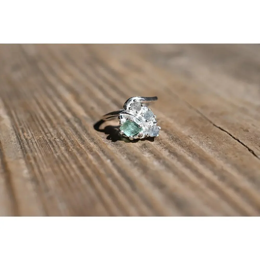 Engagement ring Emerald and Montana Sapphire Unique Raw Gemstones Size 3.5